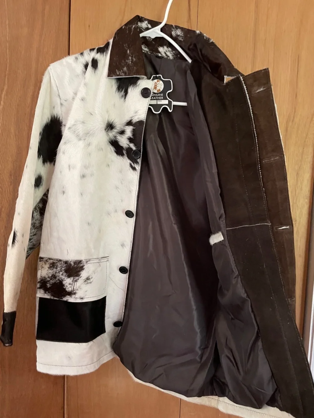 Genuine Leather Cowhide Jacket with Brown and White Spotting - Picture 9 of 10